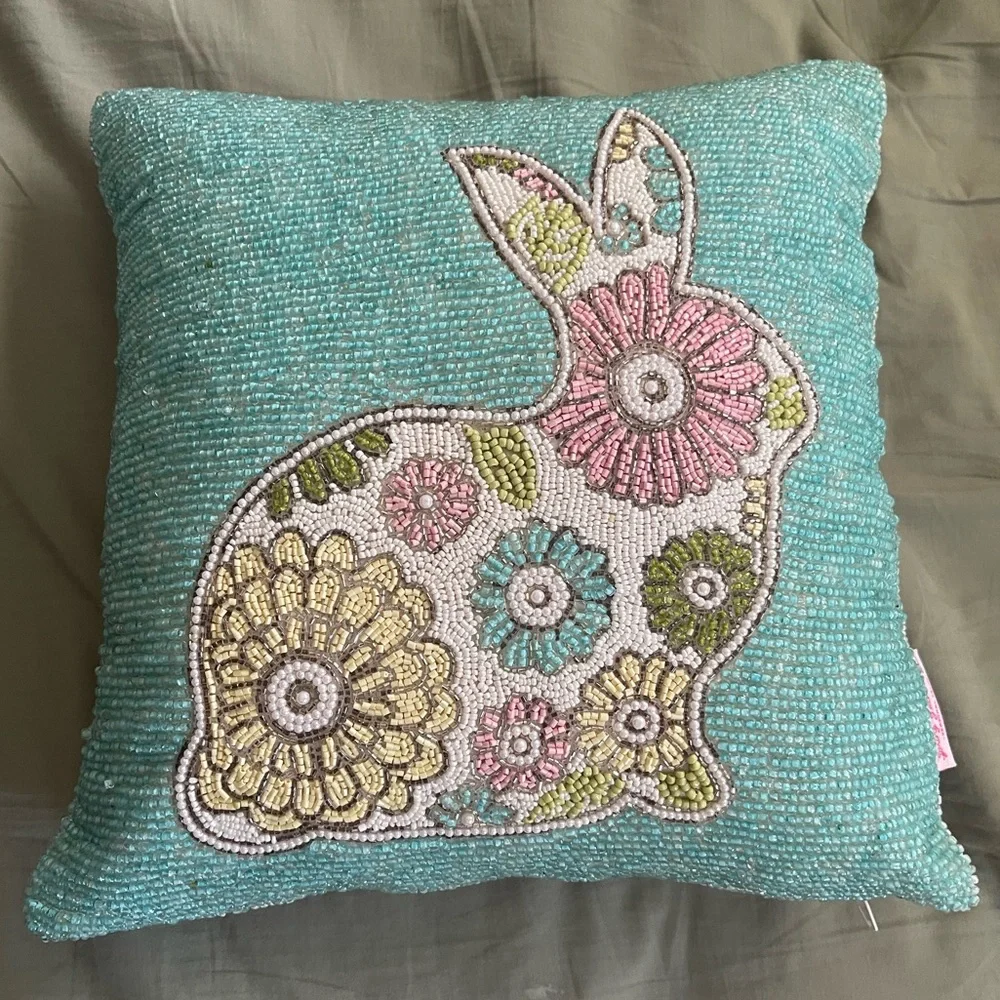 Spring Gatherings Easter Bunny Rabbit Floral Silhouette Glass Beaded Pillow - Picture 1 of 6